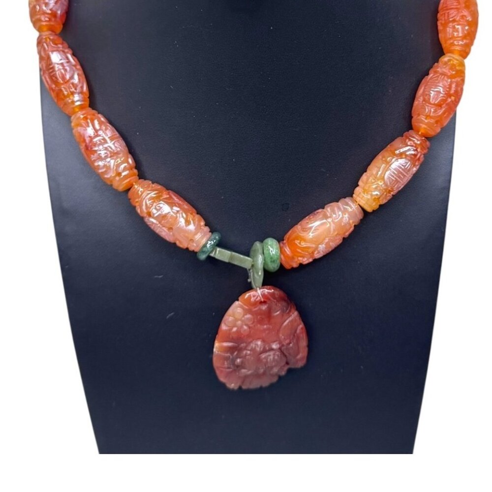 Vintage Hand-Carved Red Carnelian Agate Necklace Floral Lion Green Jade Accents